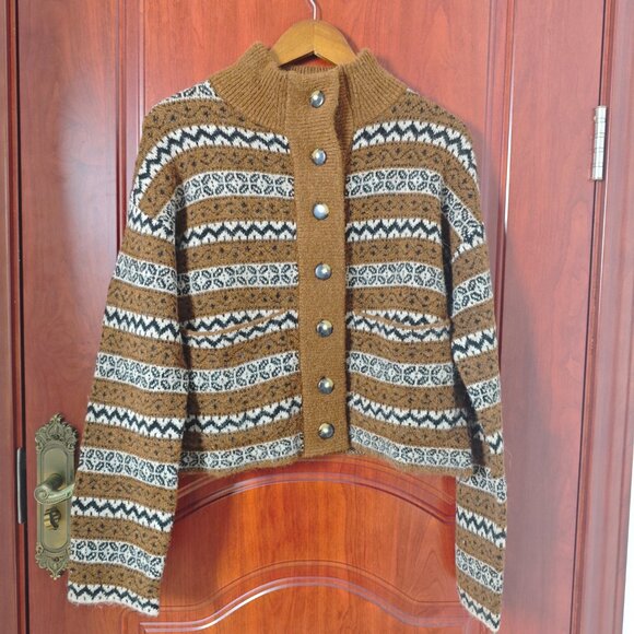 Sezane Thais jacket sz S sweater cardigan kid mohair brown jacquard - Picture 5 of 13